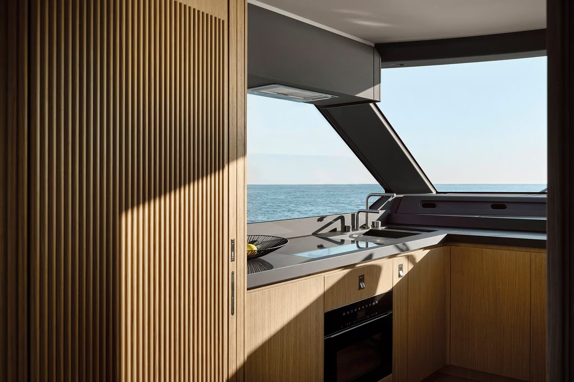 Interior joinery and galley detailing aboard an Azimut Seadeck 7