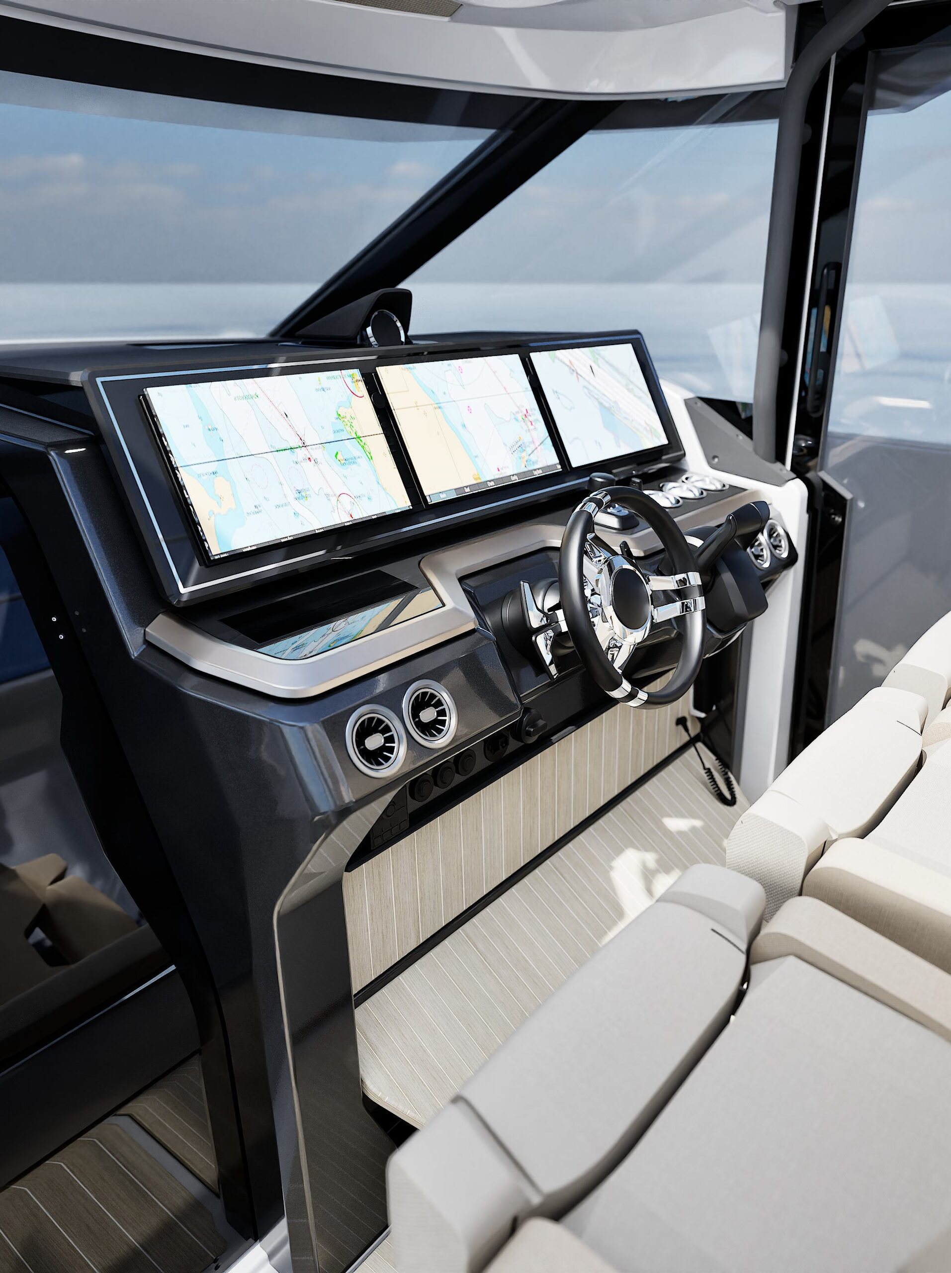 The helm of a Saxdor 460 GTS with three Simrad displays