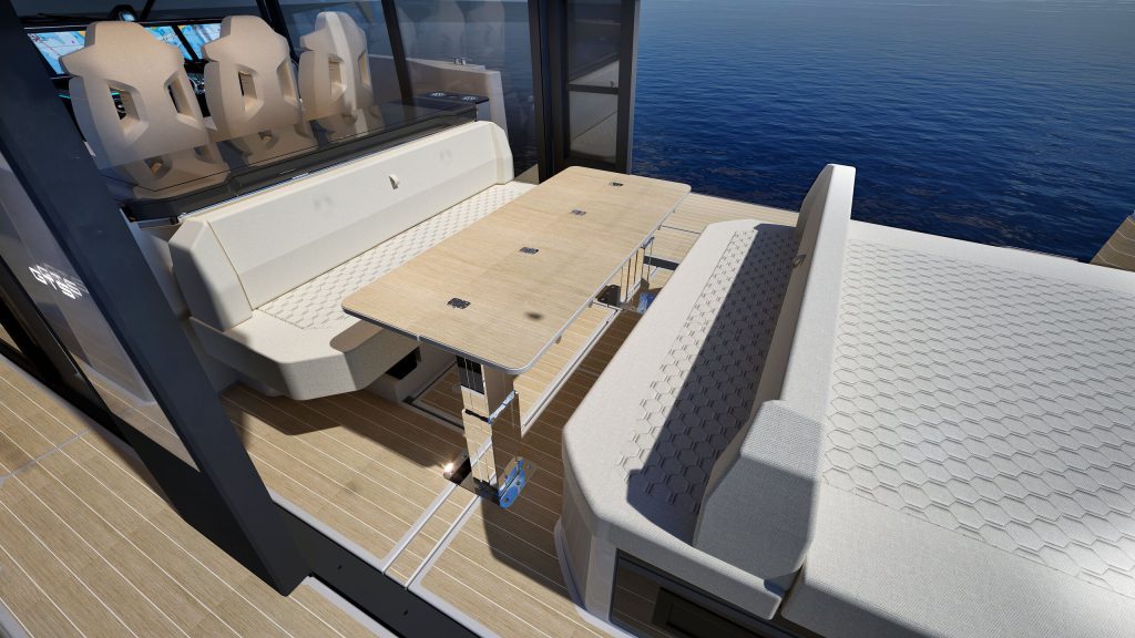 Saxdor 460 GTS cockpit dining with sliding centre sofa
